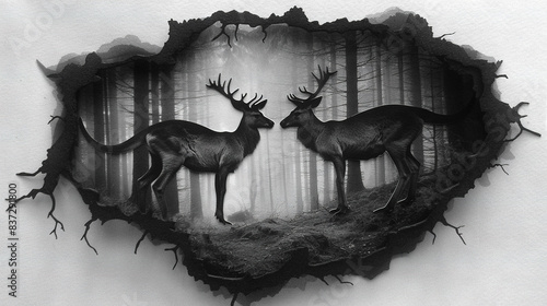  A monochrome image of two deer amidst forested backdrop featuring tree trunks and a gap in the wall