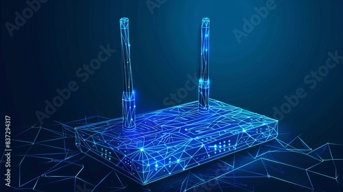 A modem router with high-speed wireless wifi internet is illustrated in wireframe low poly mesh vector format.