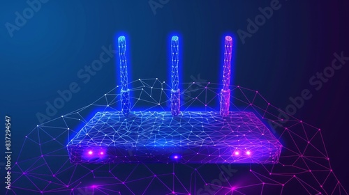 A modem router with high-speed wireless wifi internet is illustrated in wireframe low poly mesh vector format.