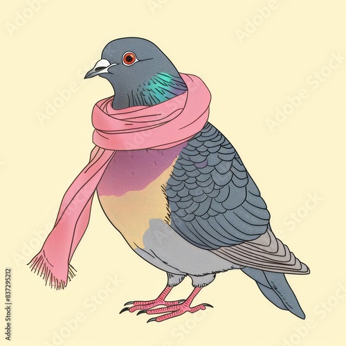 Whimsical pigeon illustration wearing a pink scarf, showcasing colorful art and creativity in a charming style.