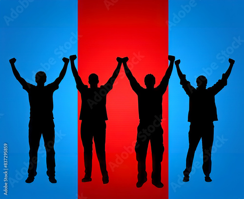 Silhouettes of four people with raised arms against a background split into red and blue sections, symbolizing unity and triumph across contrasting sides. Copy space.