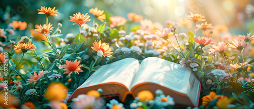 open book lying among flowers on the meadow in summer. Reading concept