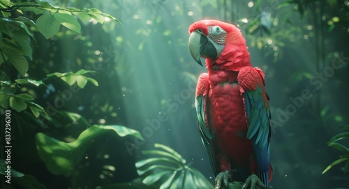 Red Macaw Perched in Lush Rainforest Canopy