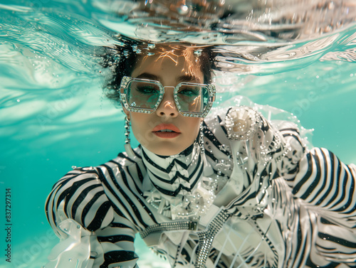 Underwater fashion shoot featuring a model in a striking striped outfit and embellished sunglasses. High fashion photography with a surreal aquatic twist.