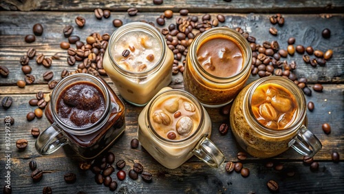 Overhead view of a collection of iced coffee in glass mason jars placed on a rustic background