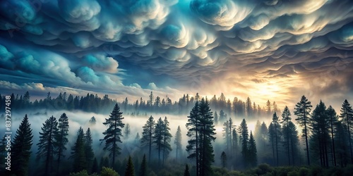 Mysterious forest with eerie clouds in the sky