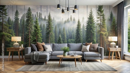 Incredible gray living room with upholstered furniture and a printed forest wall mural