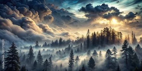 Mysterious forest with eerie clouds in the sky