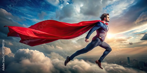 Dynamic superhero with powerful cape flowing in the wind
