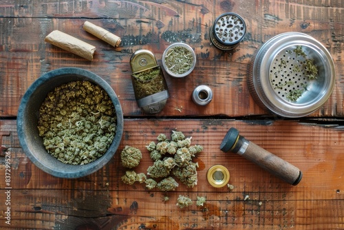 Stylish Flat Lay of Cannabis Items Including Grinder, Lighter, Rolling Papers, and Cannabis Buds for Design