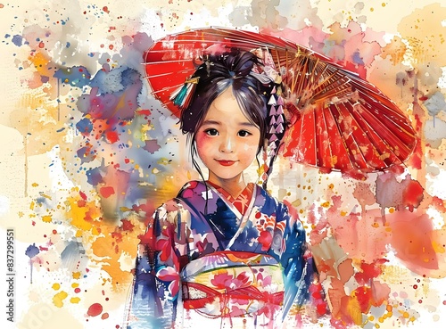 An Asian girl in a kimono holding a red umbrella under colorful watercolor splashes