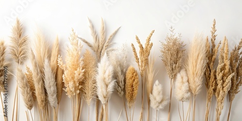 A serene composition of wheat, dried grasses, and pampas grass in soft neutral tones against a white background
