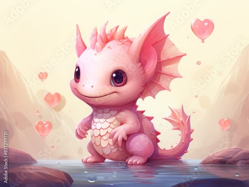 Adorable pink fantasy creature resembling a baby dragon with wings, surrounded by heart-shaped bubbles in a dreamy landscape.