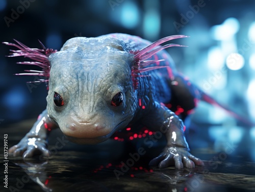 Close-up of a colorful, amphibious axolotl with striking gills in an aquatic environment, highlighting unique features and vibrant colors.