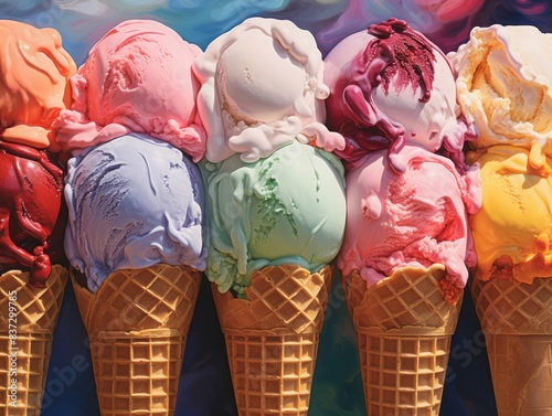 Colorful assortment of ice cream cones with different flavors. Vibrant, delicious, and perfect for summer and dessert-themed projects.