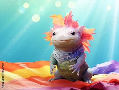 Colorful axolotl with vibrant gills, sitting on a rainbow fabric, under whimsical sunlight.