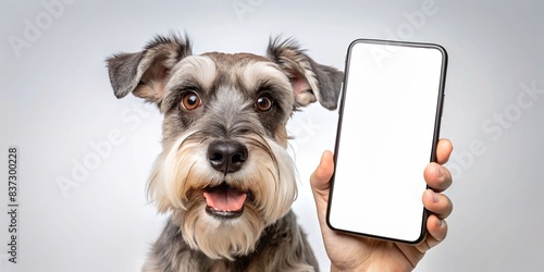 Surprised Schnauzer dog holding smartphone with white screen mockup on white background