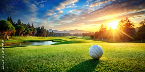 Golf ball on green fairway with serene golf course landscape in background