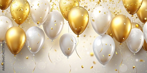 Gold and white balloon background with confetti for a happy anniversary or birthday party celebration