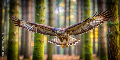 Portrait of a buzzard soaring between trees in the forest