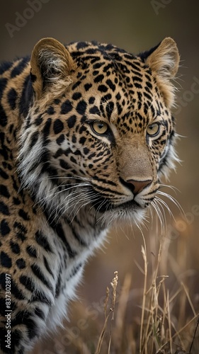 AI generated illustration of a close-up of a leopard surrounded by grass and reeds