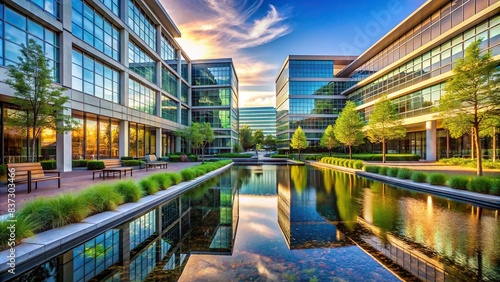 Corporate headquarters with modern architecture, reflective water features, and lush greenery