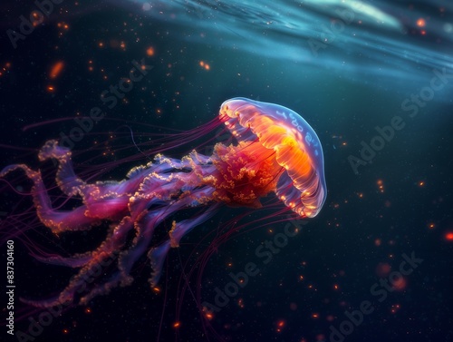 AI generated illustration of a jellyfish swimming in the ocean under a starry night sky