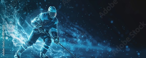 A hockey game consists of points, particles in the form of a hockey player on a dark background