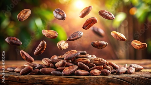 Levitating cocoa beans on background