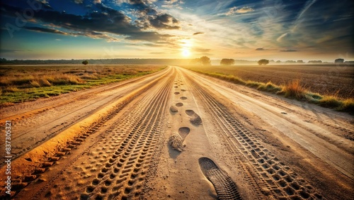 Stock photo of dusty road with footprints and tire tracks, symbolizing mass immigration and social issues