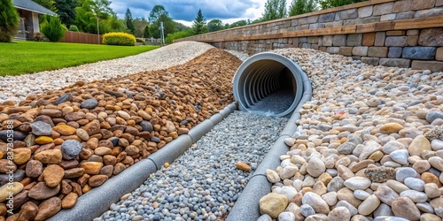 Stone and gravel installation for water drainage with a French drain system