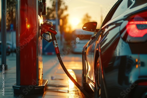 High quality image of modern car refueling at gas station under evening sunset sky