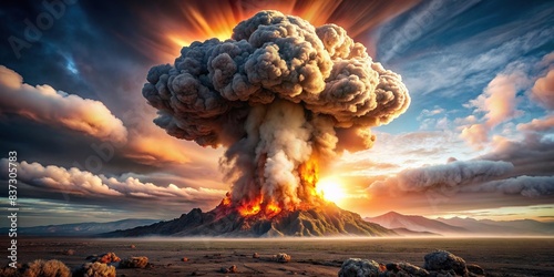 Big explosion with smoke and ash. Eruption. Explosion of a nuclear bomb . Mushroom cloud. Bomb detonation. Attack, war, end of the world. Earthquake, magma, lava