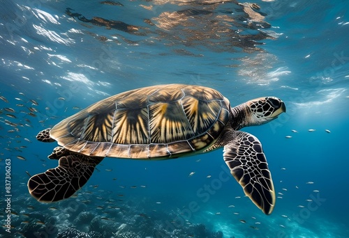 AI generated illustration of a sea turtle in the ocean observing something below the surface