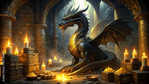 A black dragon guards a hoard of gold in a dimly lit room filled with candles and gold bars, creating a smoky atmosphere