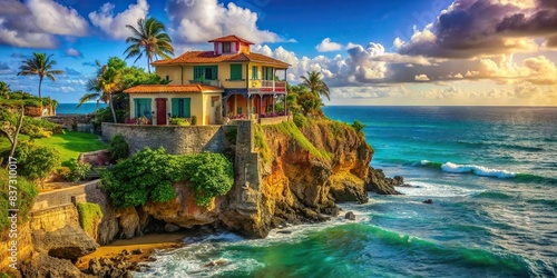 Vibrant painting of a house perched on an ocean cliff in Puerto Rico, North America, featuring artistic focus