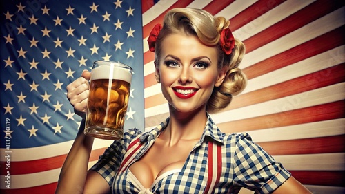Pin-up style woman with beer mug in classic Americana vibes engraving style