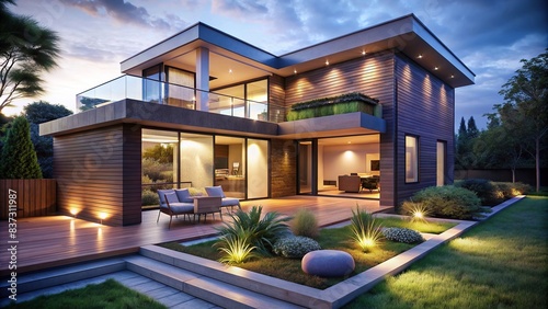 Modern house design with a small yard and dramatic lighting, in the style of a realistic still life