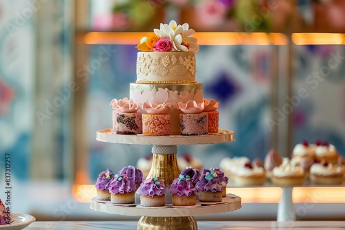 Elegant Multi-Tiered Cake Display Stand with Beautiful Decorations