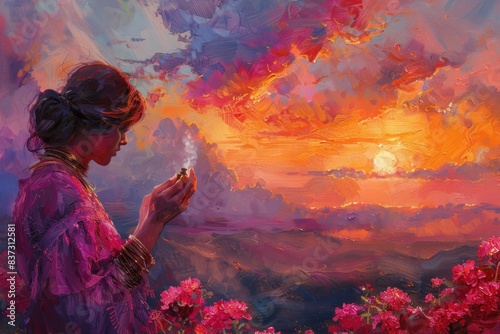 sunset landscape of a flower field and the figure of a woman contemplating