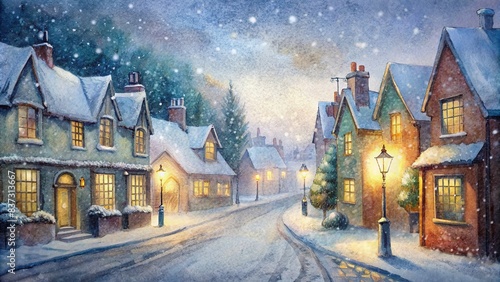 Winter scene in a snow covered old-fashioned English town street with snow covered road and old shops with lights in the windows, watercolor