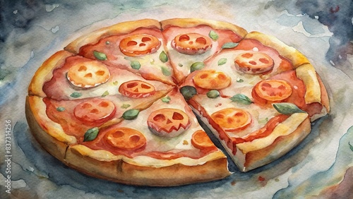 Stretchy cheese pizza with pepperoni slices, decorated with a Halloween theme in watercolor
