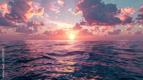 3D rendering of a sunset in the middle of the sea.