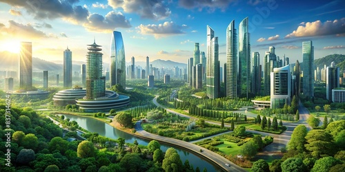 A futuristic cityscape blending seamlessly with a lush green landscape, showcasing sustainable urban development