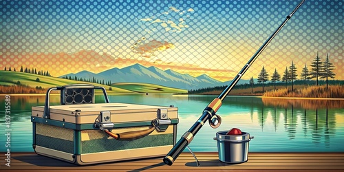Fishing rod and tackle box by a lake in pop-art style