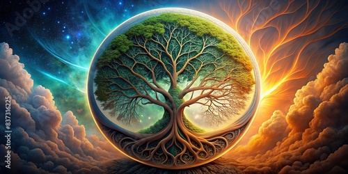 A stunning of the yin yang symbol intertwined with the Yggdrasil tree of life, representing a perfect balance in nature and existence