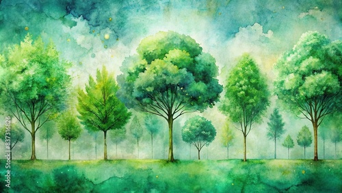 Watercolor trees on a grunge texture background, ideal green wallpaper for interior decor