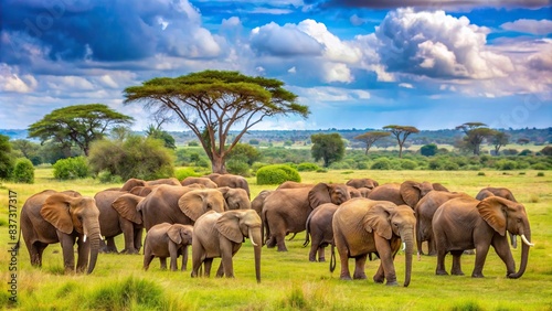 Herd of elephants grazing in the African safari park