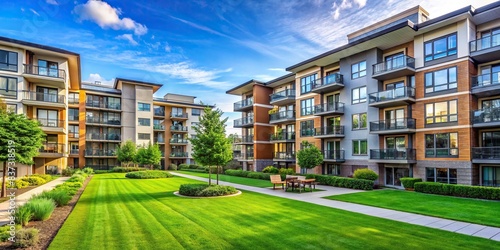 Modern apartment buildings with a manicured green lawn in front