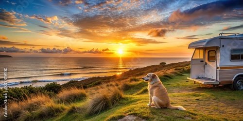 Scenic view of girl's dog sitting on hill beside camper, looking at ocean sunset